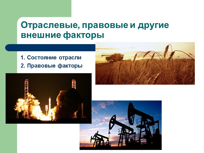 Отраслевые, правовые и другие внешние факторы  1. Состояние отрасли 2. Правовые факторы